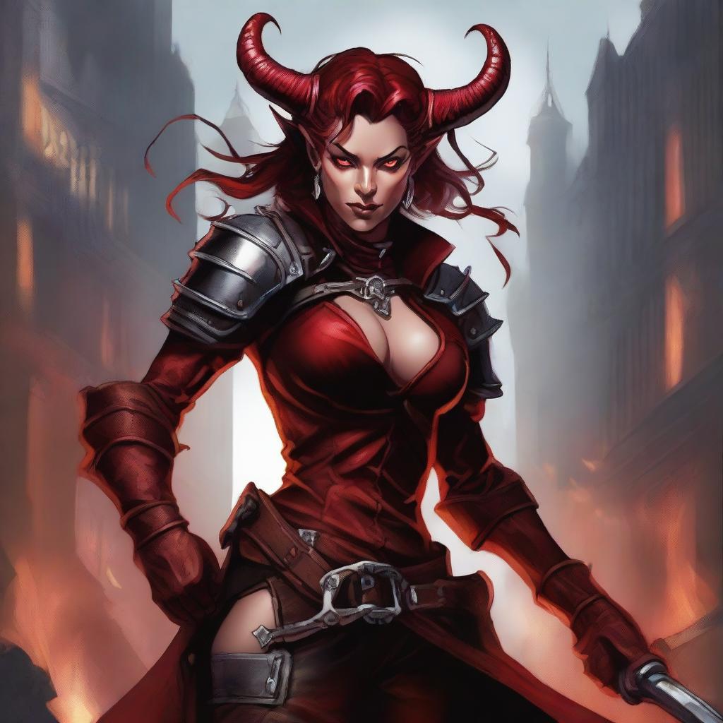 A high quality image of a female Tiefling rogue, depicted as a massive adrenaline junkie