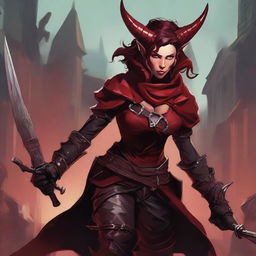 A high quality image of a female Tiefling rogue, depicted as a massive adrenaline junkie