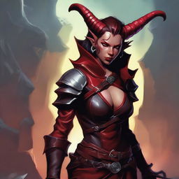 A high quality image of a female Tiefling rogue with red skin