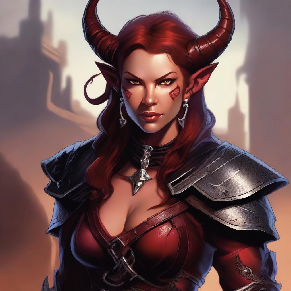 A high quality image of a female Tiefling rogue with red skin