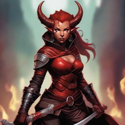 A high quality image of a female Tiefling rogue with red skin