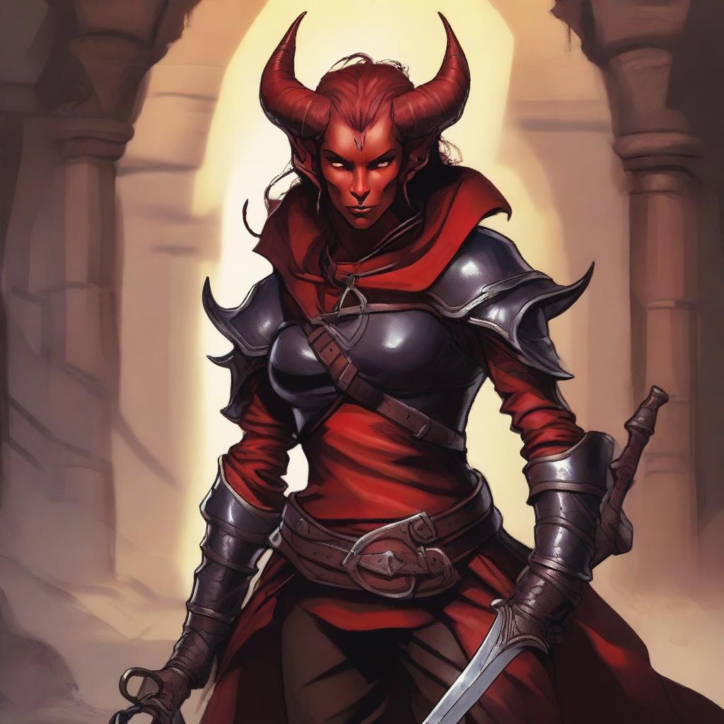 A high quality image of a female red Tiefling who is a rogue