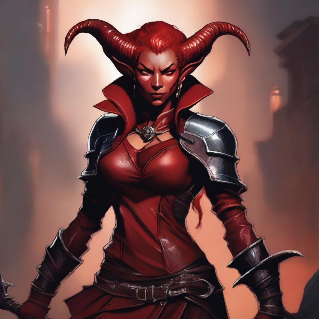 A high quality image of a female red Tiefling who is a rogue