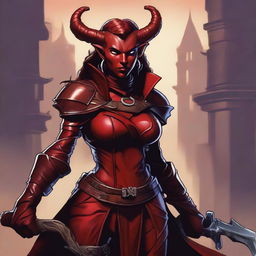 A high quality image of a female red Tiefling who is a rogue