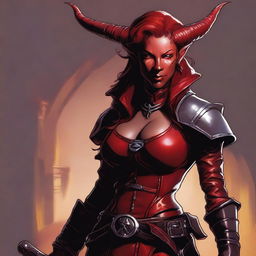 A high quality image of a female red Tiefling who is a rogue