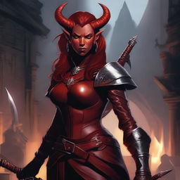 A high quality image of a female red Tiefling who is an assassin