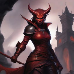 A high quality image of a female red Tiefling who is an assassin