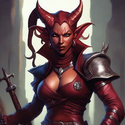 A high quality image of a female red Tiefling who is an assassin