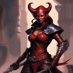 A high quality image of a female red Tiefling who is an assassin