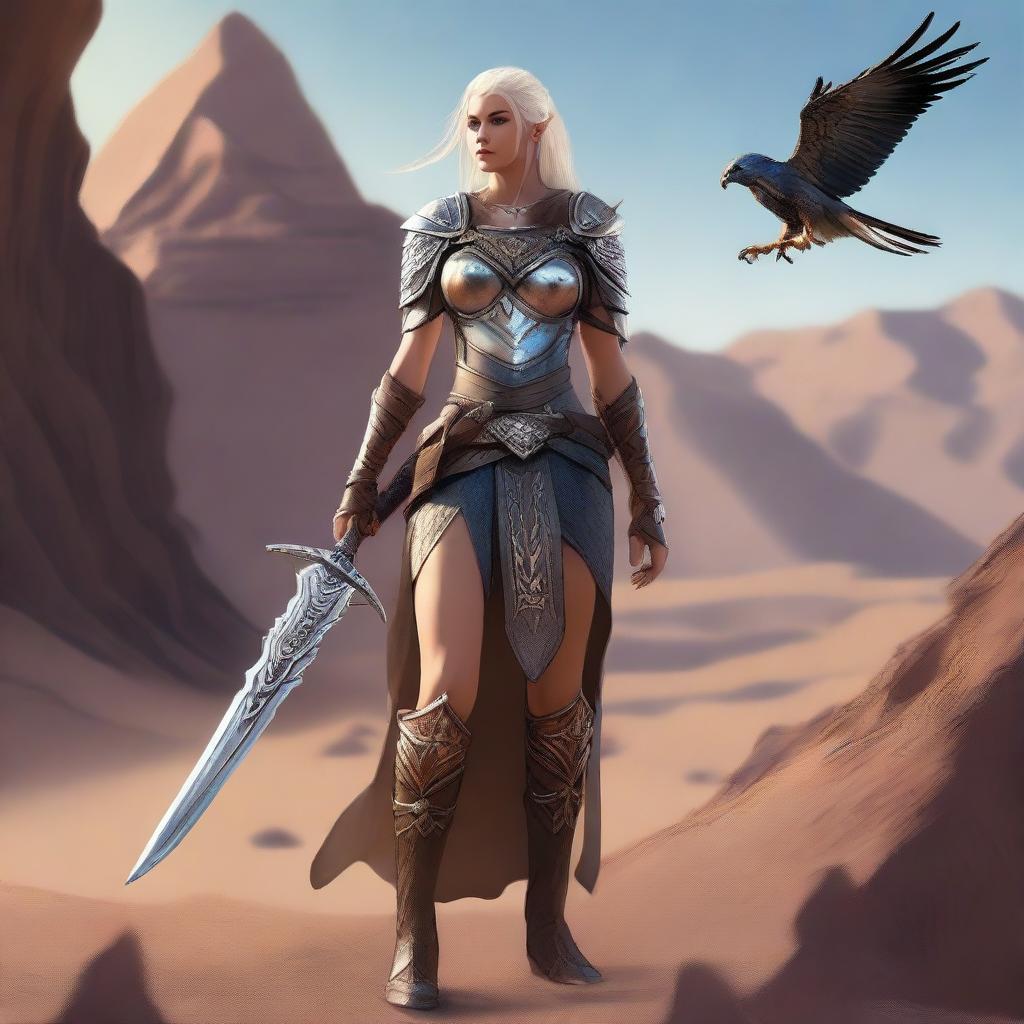 A female elven fighter wearing leather chain armor is standing before a rocky desert