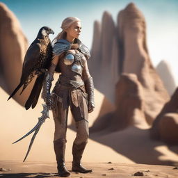 A female elven fighter wearing leather chain armor is standing before a rocky desert