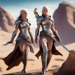 A female elven fighter wearing leather chain armor is standing before a rocky desert