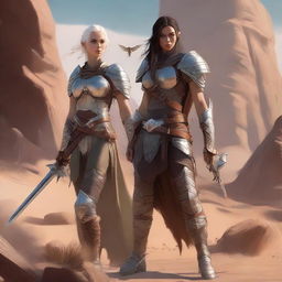 A female elven fighter wearing leather chain armor is standing before a rocky desert