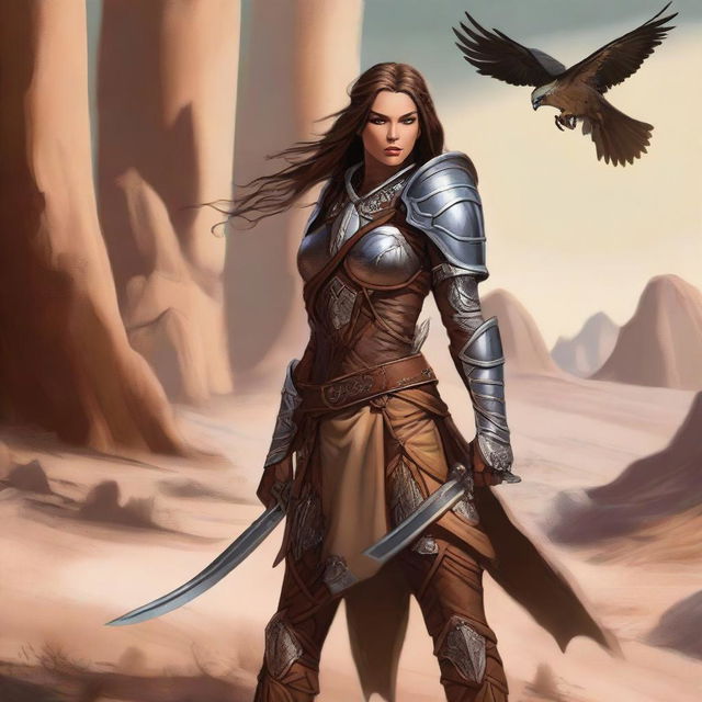 A female elven fighter with long, dark amber hair braided over her shoulder is wearing leather chain armor