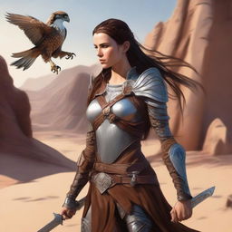 A female elven fighter with long, dark amber hair braided over her shoulder is wearing leather chain armor