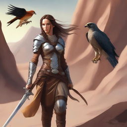 A female elven fighter with long, dark amber hair braided over her shoulder is wearing leather chain armor