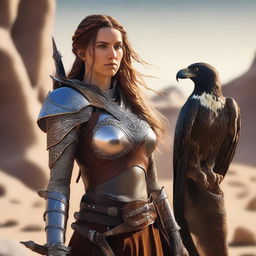 A female elven fighter with long, dark amber hair braided over her shoulder is wearing leather chain armor