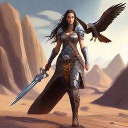 A female elven fighter with long, knee-length dark amber hair braided over her shoulder is wearing leather chain armor