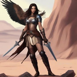 A female elven fighter with long, knee-length dark amber hair braided over her shoulder is wearing leather chain armor