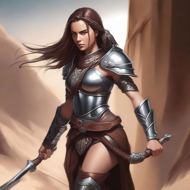 A female elven fighter with long, knee-length dark amber hair braided over her shoulder is wearing leather chain armor