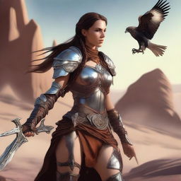 A female elven fighter with long, knee-length dark amber hair braided over her shoulder is wearing leather chain armor