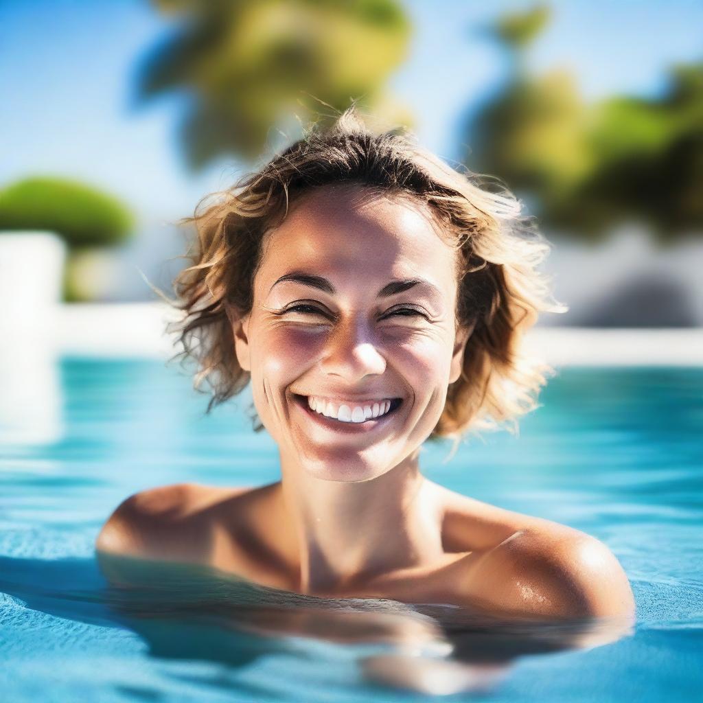 A woman enjoying a sunny day in a swimming pool, with clear blue water and a bright sky