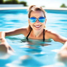 A woman enjoying a sunny day in a swimming pool, with clear blue water and a bright sky