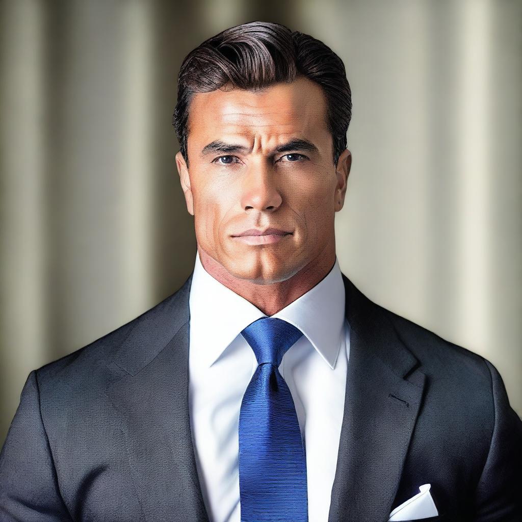 A bodybuilder man dressed in a suit and tie