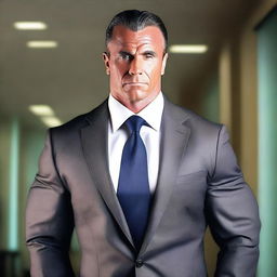 A bodybuilder man dressed in a suit and tie