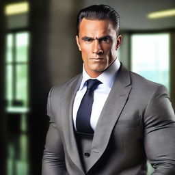 A bodybuilder man dressed in a suit and tie