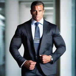 A bodybuilder man dressed in a suit and tie