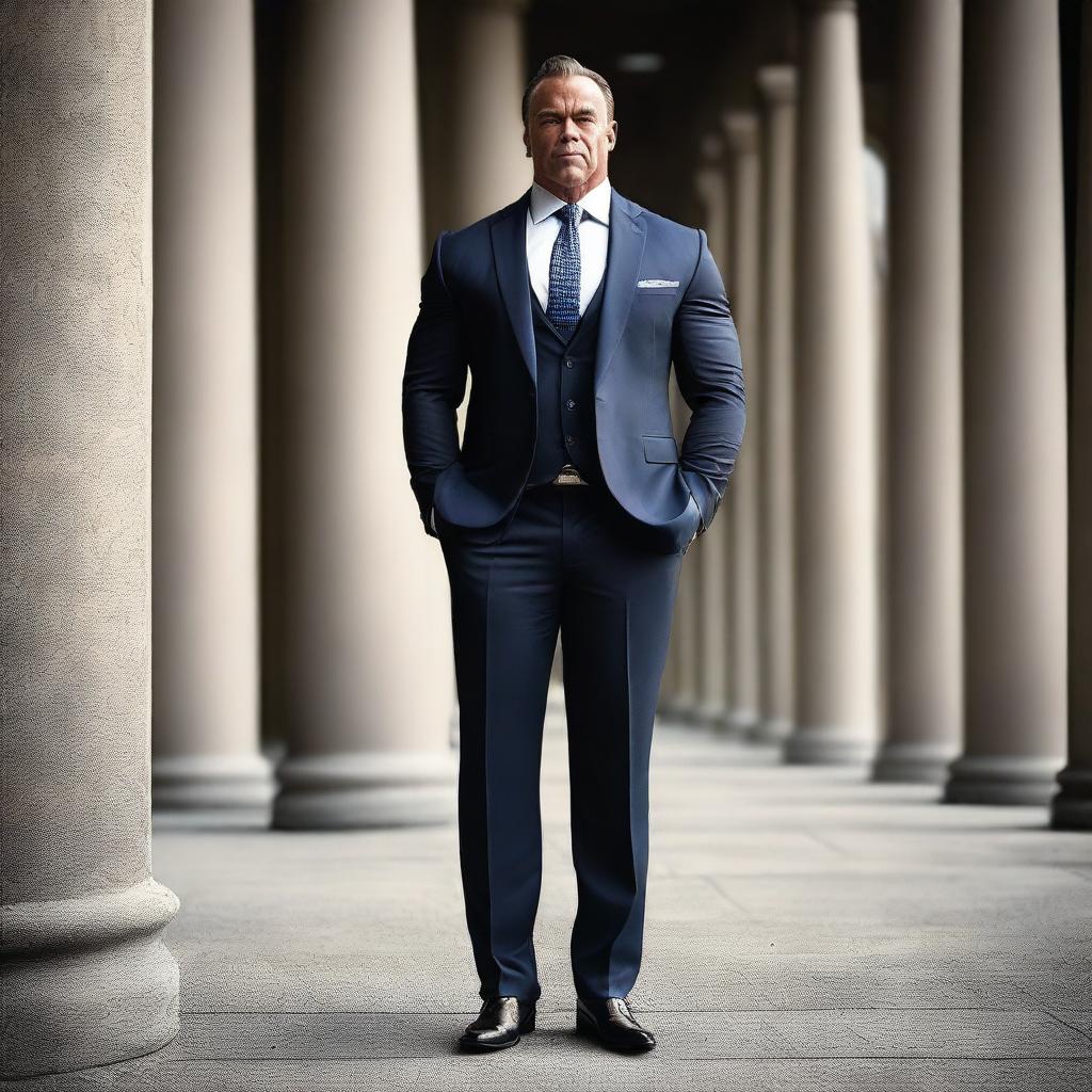 A bodybuilder man dressed in a suit, tie, and shoes