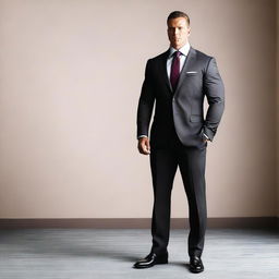 A bodybuilder man dressed in a suit, tie, and shoes