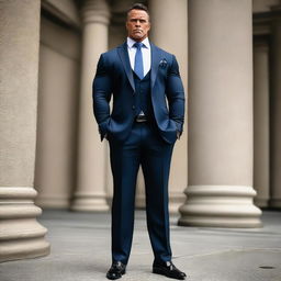 A bodybuilder man dressed in a suit, tie, and shoes