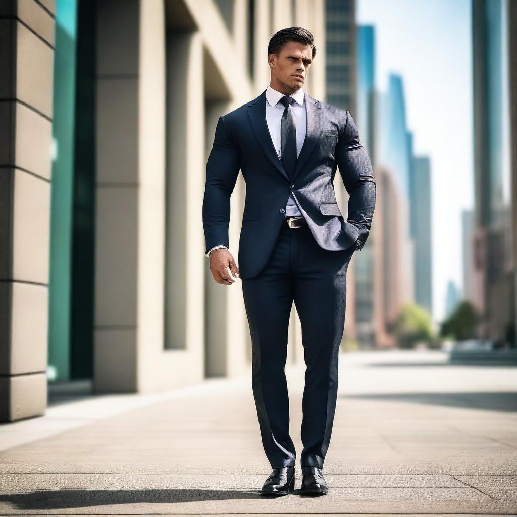 A bodybuilder man dressed in a suit and tie, wearing high heels