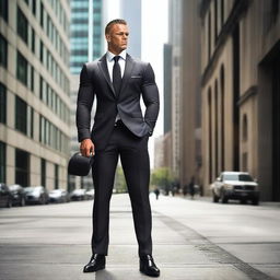 A bodybuilder man dressed in a suit and tie, wearing high heels