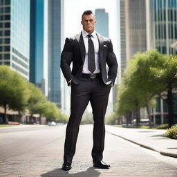 A bodybuilder man dressed in a suit and tie, wearing high heels