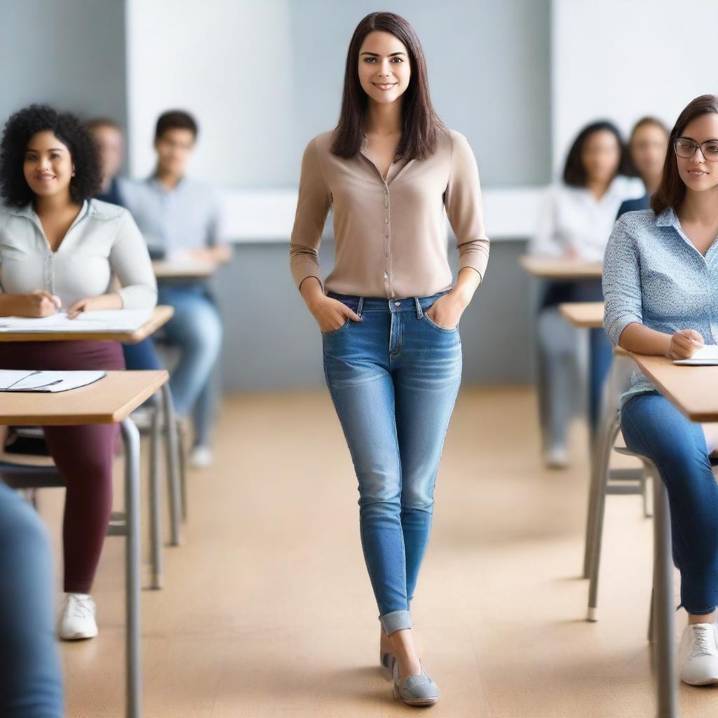 A full-body image of a woman in a class setting