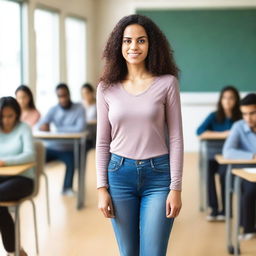 A full-body image of a woman in a class setting