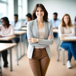 A full-body image of a woman in a class setting