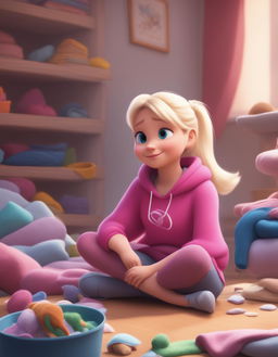 Pixar style young woman with platinum blonde hair in a ponytail, wearing an oversized stained bright pink hoodie and leggings, sits cross-legged on a mound of laundry in a fancy but messy house