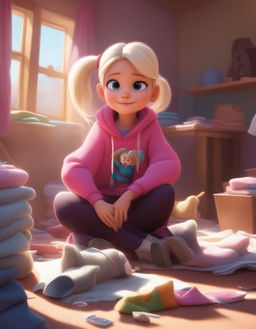 Pixar style young woman with platinum blonde hair in a ponytail, wearing an oversized stained bright pink hoodie and leggings, sits cross-legged on a mound of laundry in a fancy but messy house