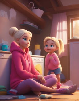 Pixar style young woman with platinum blonde hair in a ponytail, wearing an oversized stained bright pink hoodie and leggings, sits cross-legged on a mound of laundry in a fancy but messy house