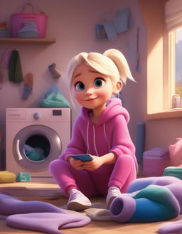 Pixar style young woman with platinum blonde hair in a ponytail, wearing an oversized stained bright pink hoodie and leggings, sits cross-legged on a mound of laundry in a fancy but messy house