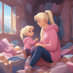 A young mother with long platinum blonde hair in a messy ponytail, wearing a stained pink hoodie and navy leggings, sits atop a mountain of laundry in a messy, fancy house, crying dramatically