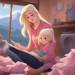 A young mother with long platinum blonde hair in a messy ponytail, wearing a stained pink hoodie and navy leggings, sits atop a mountain of laundry in a messy, fancy house, crying dramatically