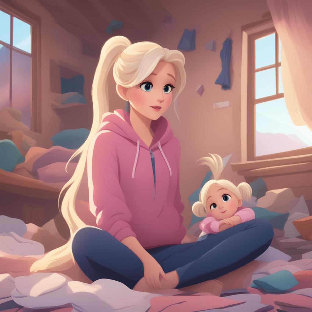 A young mother with long platinum blonde hair in a messy ponytail, wearing a stained pink hoodie and navy leggings, sits atop a mountain of laundry in a messy, fancy house, crying dramatically