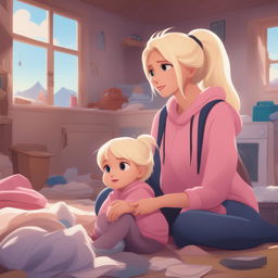 A young mother with long platinum blonde hair in a messy ponytail, wearing a stained pink hoodie and navy leggings, sits atop a mountain of laundry in a messy, fancy house, crying dramatically