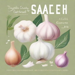 A detailed illustration featuring garlic, Aidan fruit, sea salt, and various herbs, arranged artistically