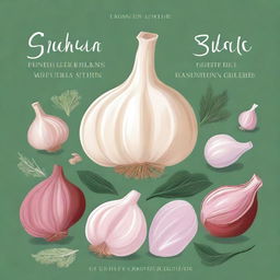 A detailed illustration featuring garlic, Aidan fruit, sea salt, and various herbs, arranged artistically